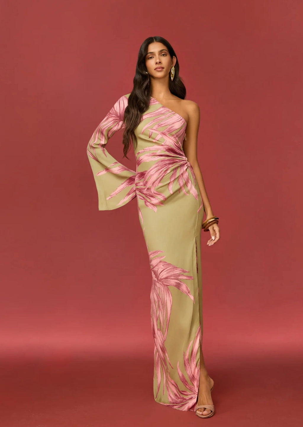 Green One-Shoulder Palm Dress