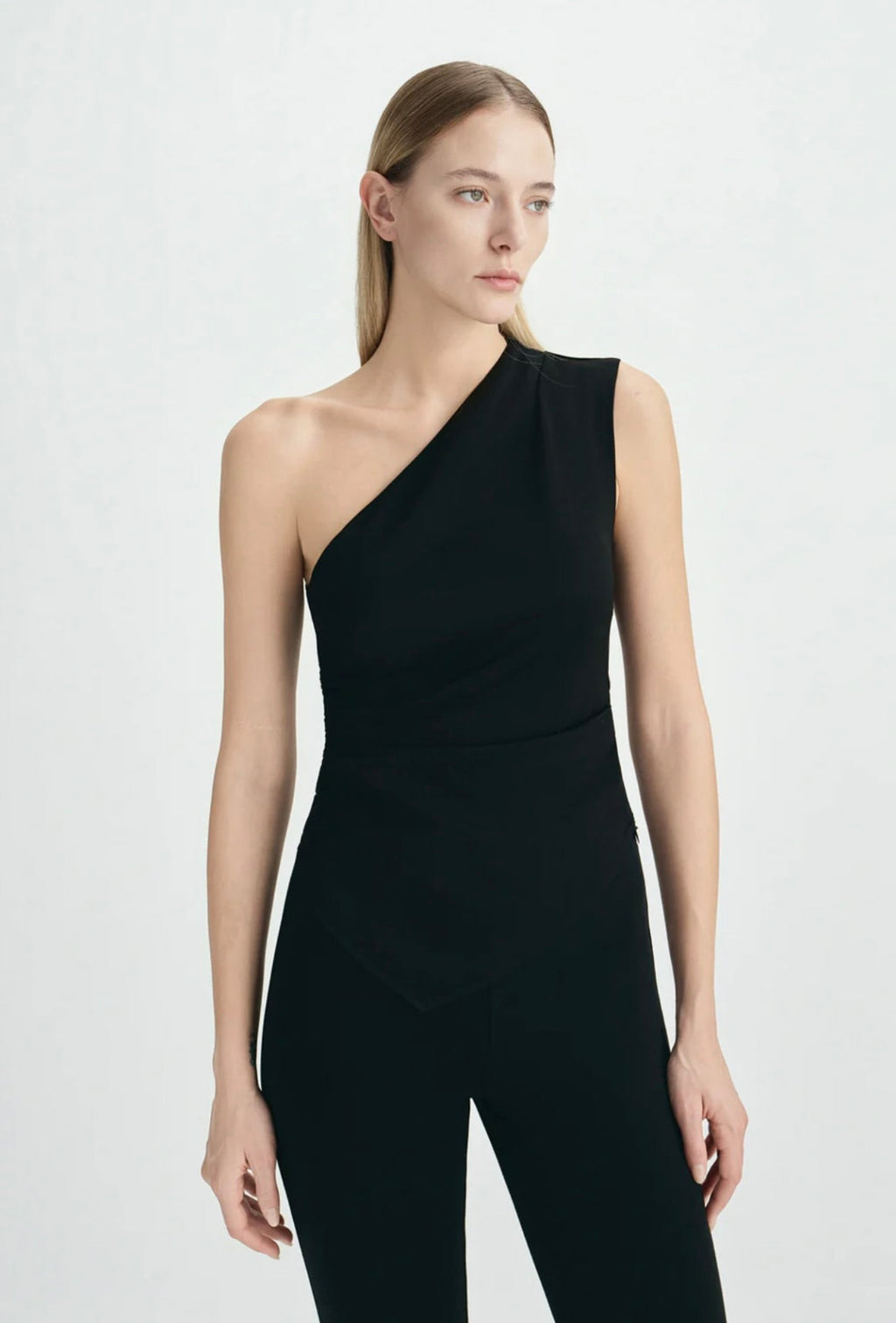 One-Shoulder Side Shirring Black Tank