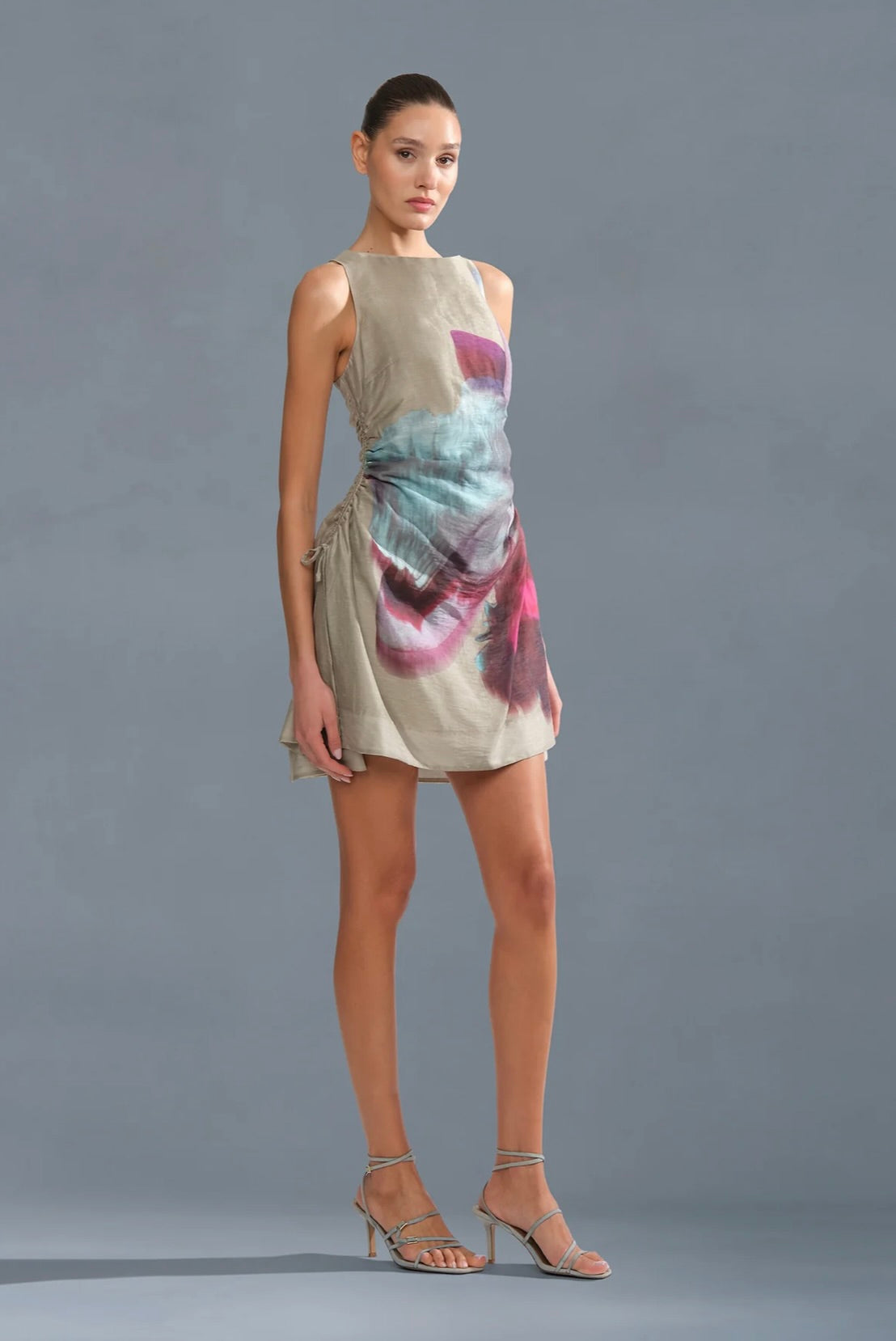 Sage Orchid Print Adjustable Drawstring Mini Dress
