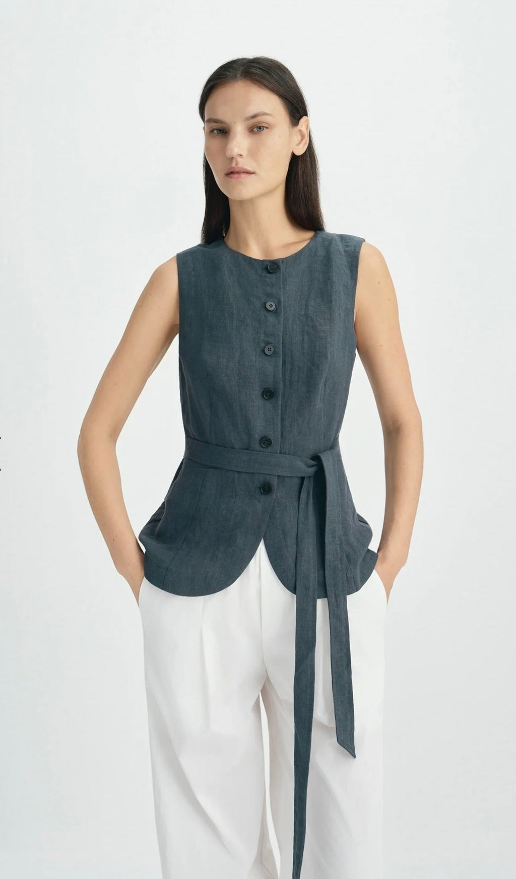 Slate Button-Front Tie-Waist Cotton Top