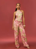 Organic Palm Leaf Pattern Fluid Drape All-Season Pants