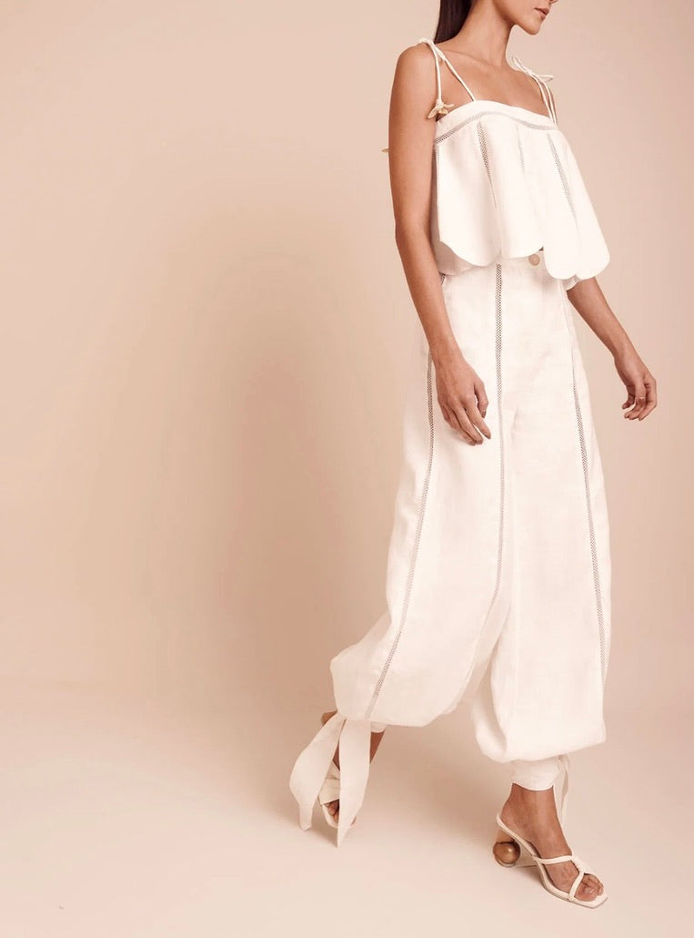 Ivory Linen Fluid Silhouette Mid-Rise Pants with Vertical Lace Inset