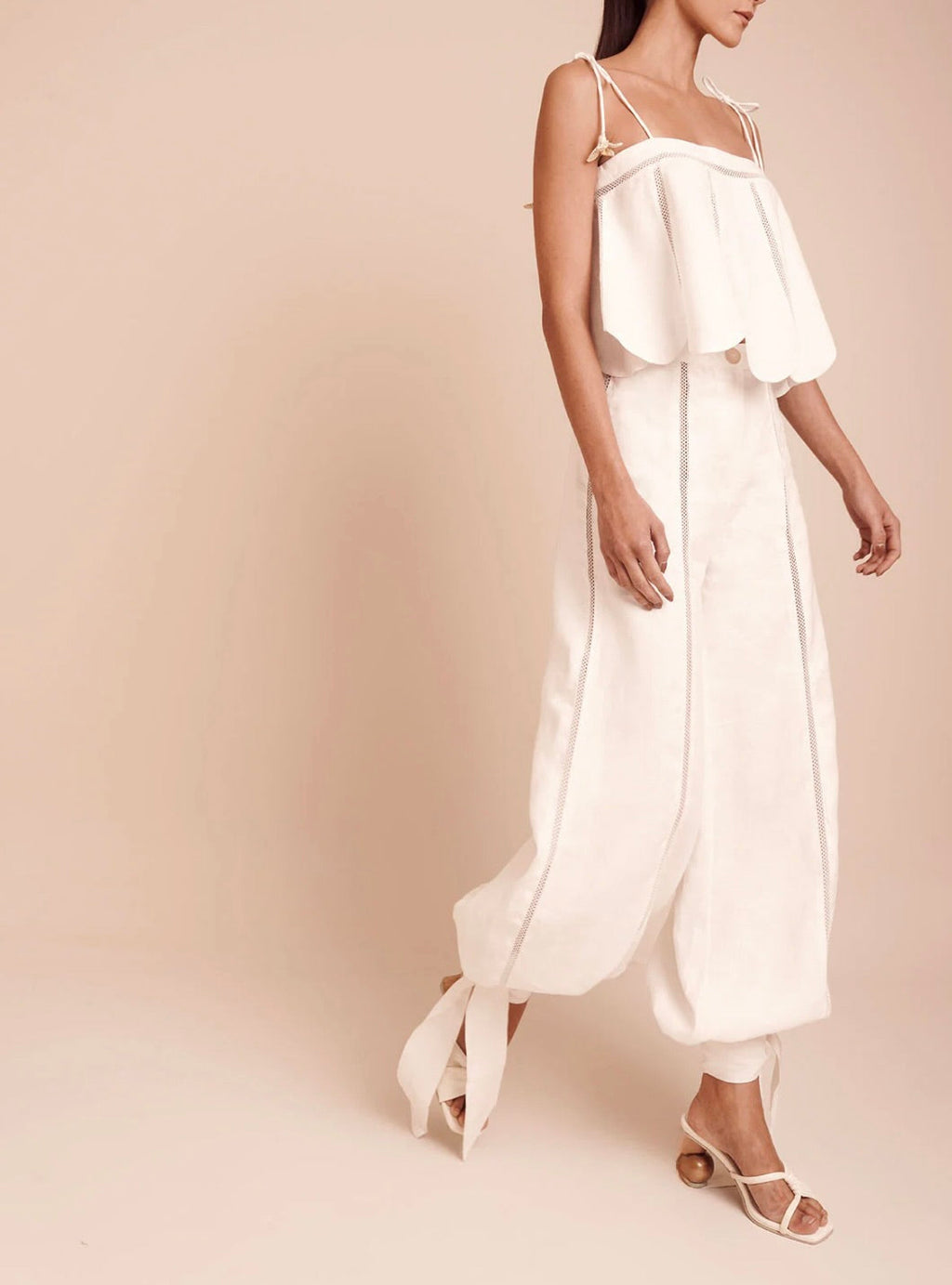 Ivory Linen Fluid Silhouette Mid-Rise Pants with Vertical Lace Inset