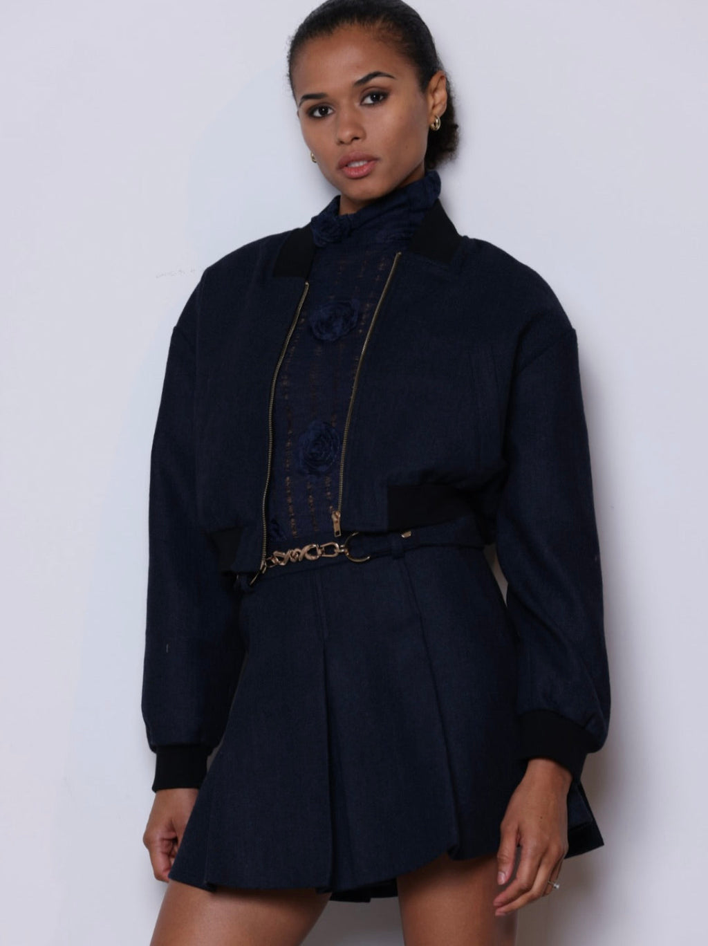 Navy Pleated Tweed Mini Skirt