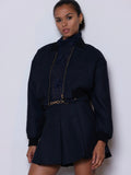 Navy Pleated Tweed Mini Skirt