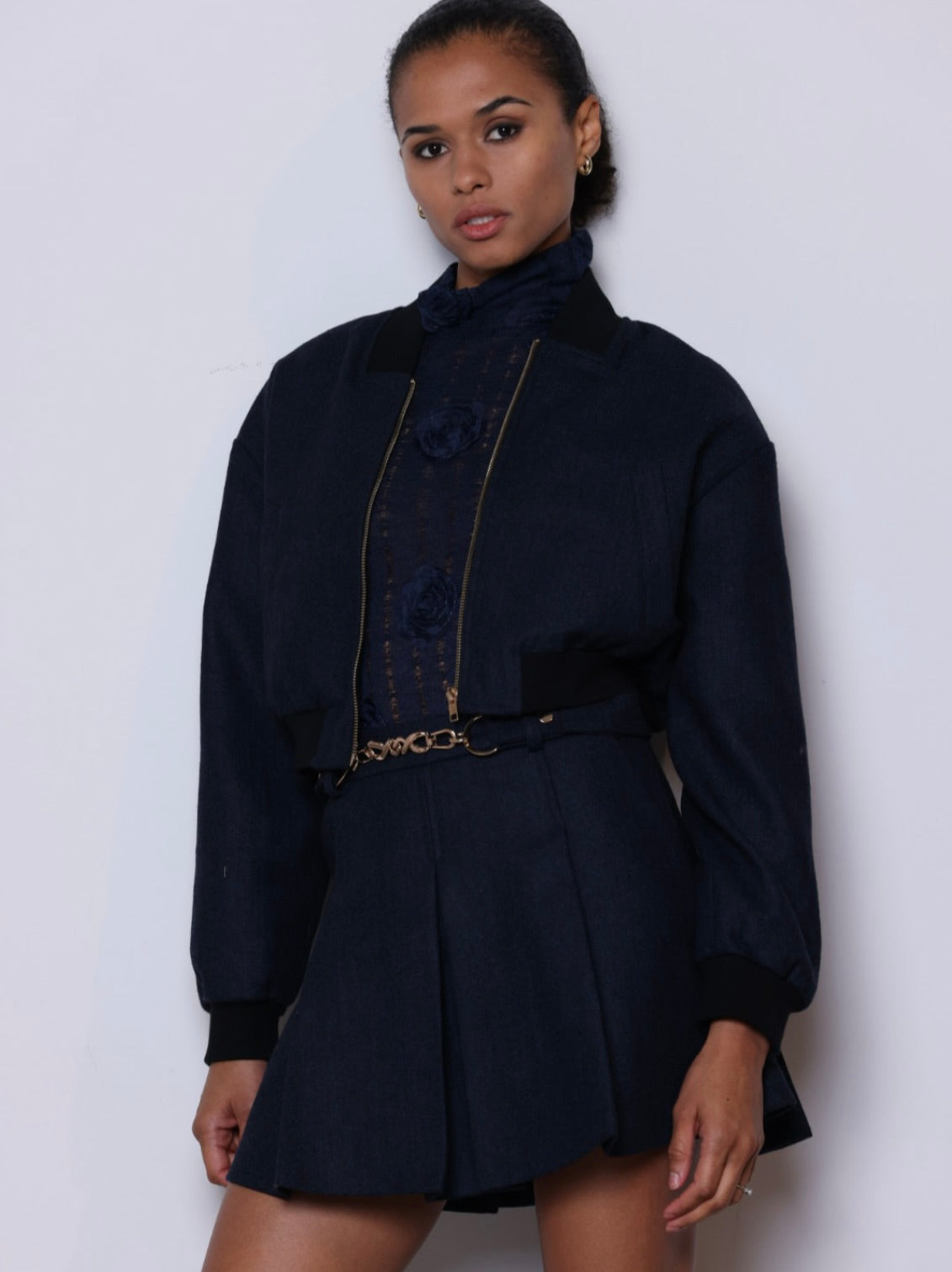 Navy Pleated Tweed Mini Skirt