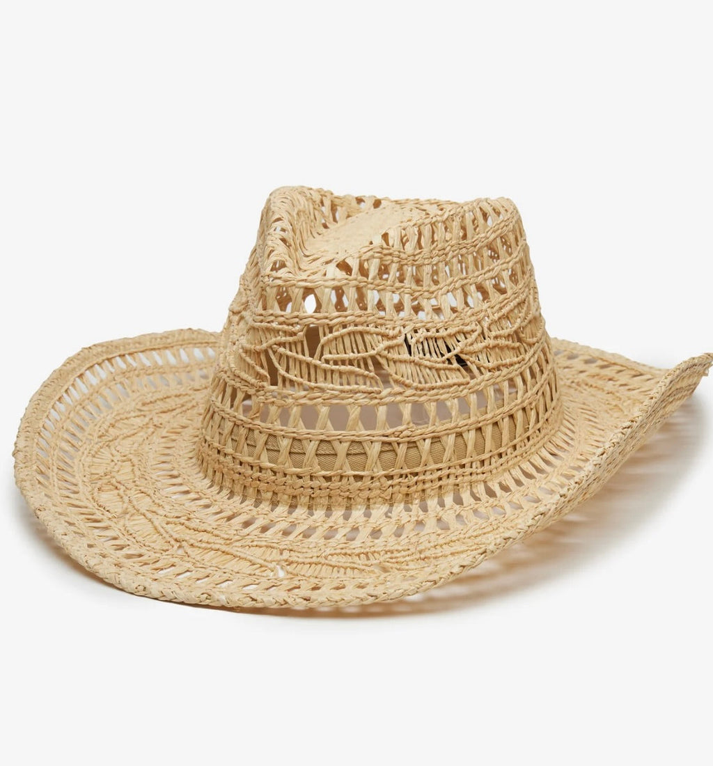 Natural Handwoven Raffia Straw Hat with Curved Brim & Pinched Crown