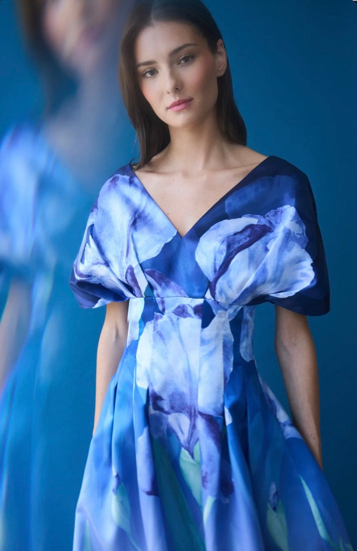 Moonlight Bloom Painterly Floral Mikado Dress