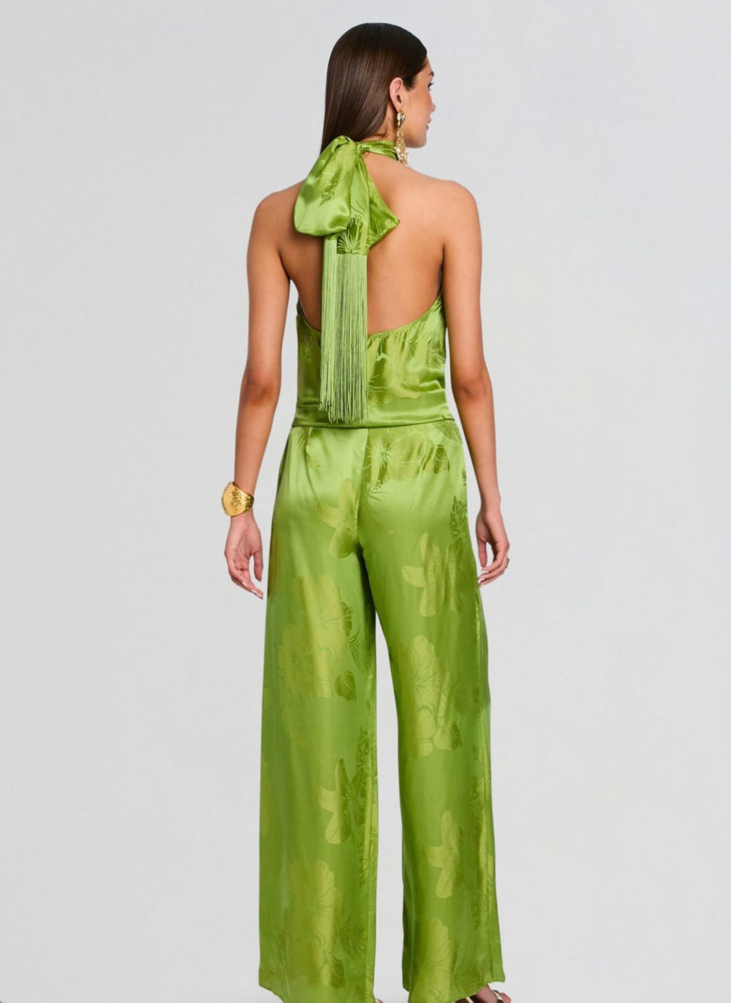 Kiwi Tropical Jacquard Halter Satin Top with Fringed Scarf