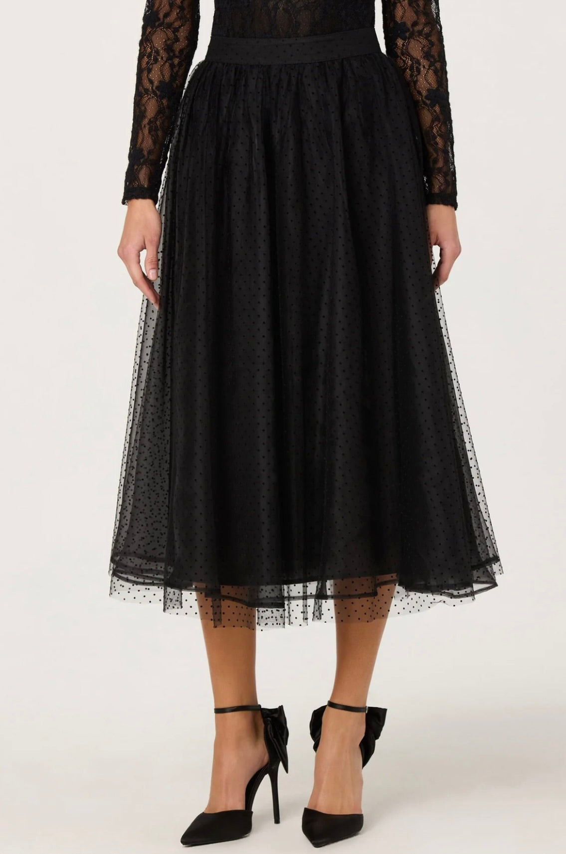 Black Tulle with Velvet Dot Motif A-Line Midi Skirt