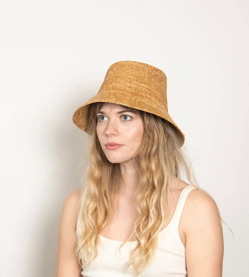Camel Hand-Crocheted Raffia Straw Telescope Crown Bucket Hat