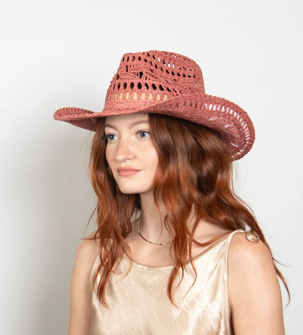 Rose Handwoven Raffia Straw Curved Brim Cutout Western Hat