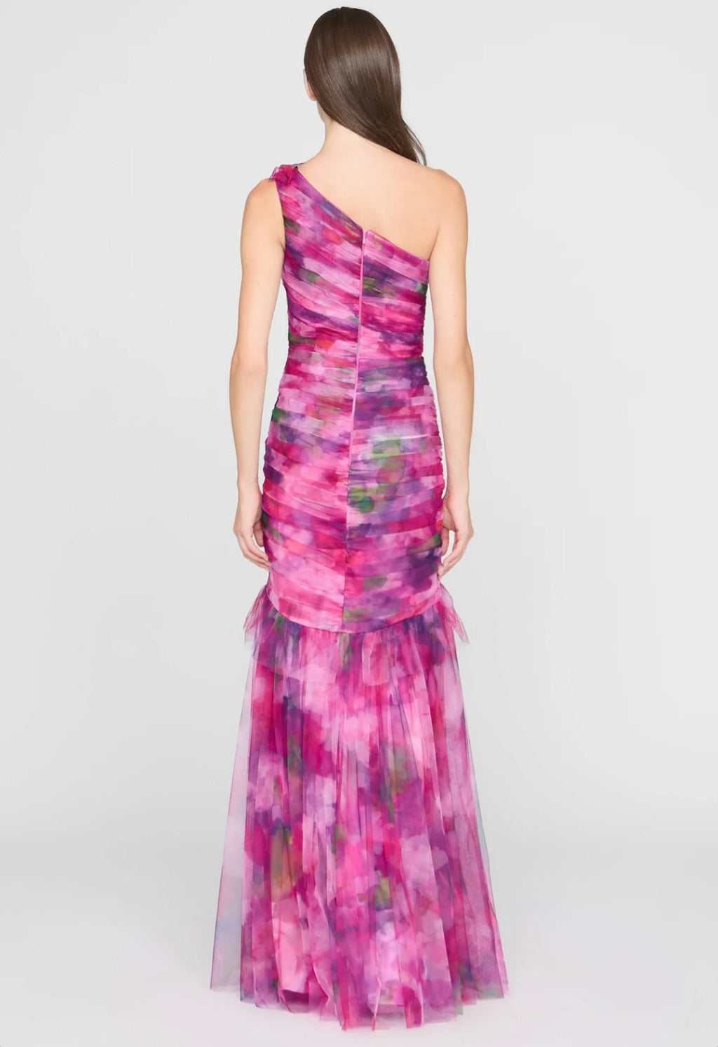 Luminous Bouquet One-Shoulder Ruched Tulle Gown