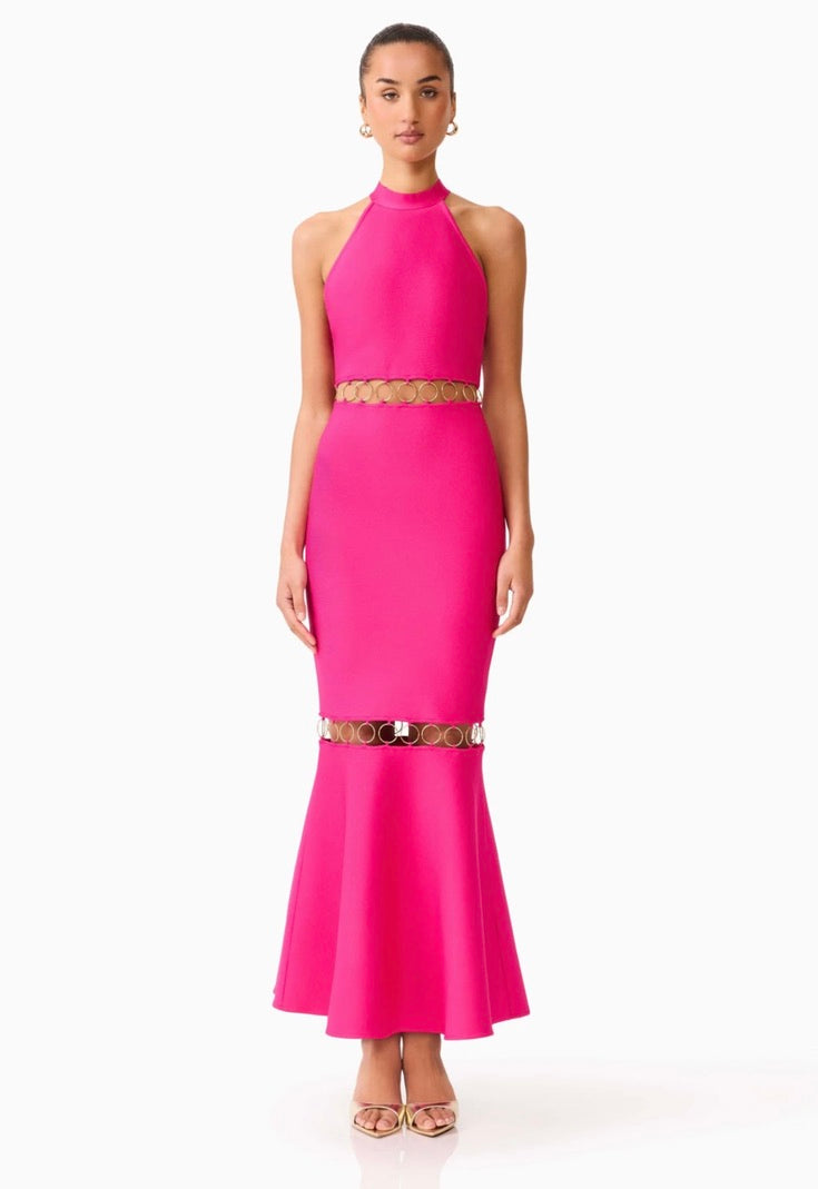 Raspberry Pink High-Stretch Halter Backless Gown