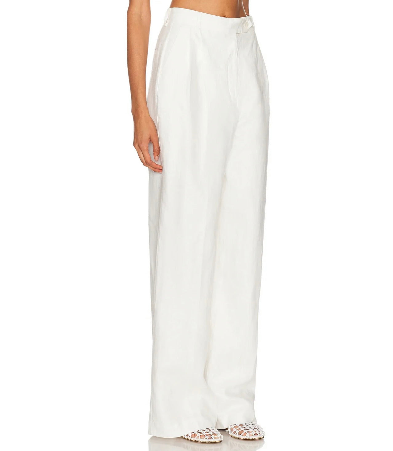 White High-Waist Front-Pleat Linen Trousers