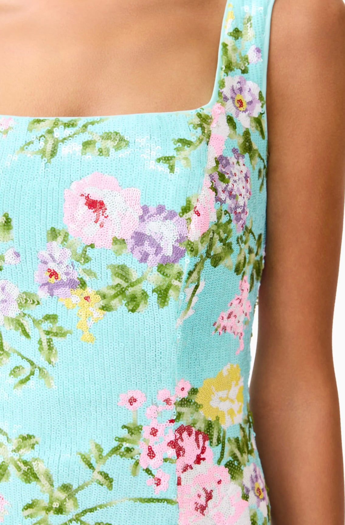 Mint Green Square-Neck Floral Sequin Mini Dress