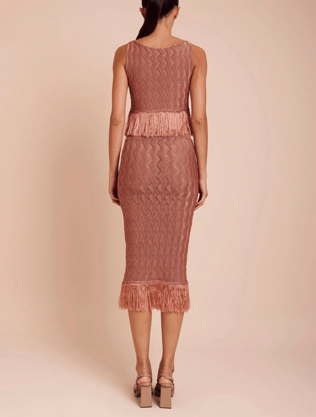 Rosewood Wavy Knit Fitted Midi Skirt with Fringe Hem