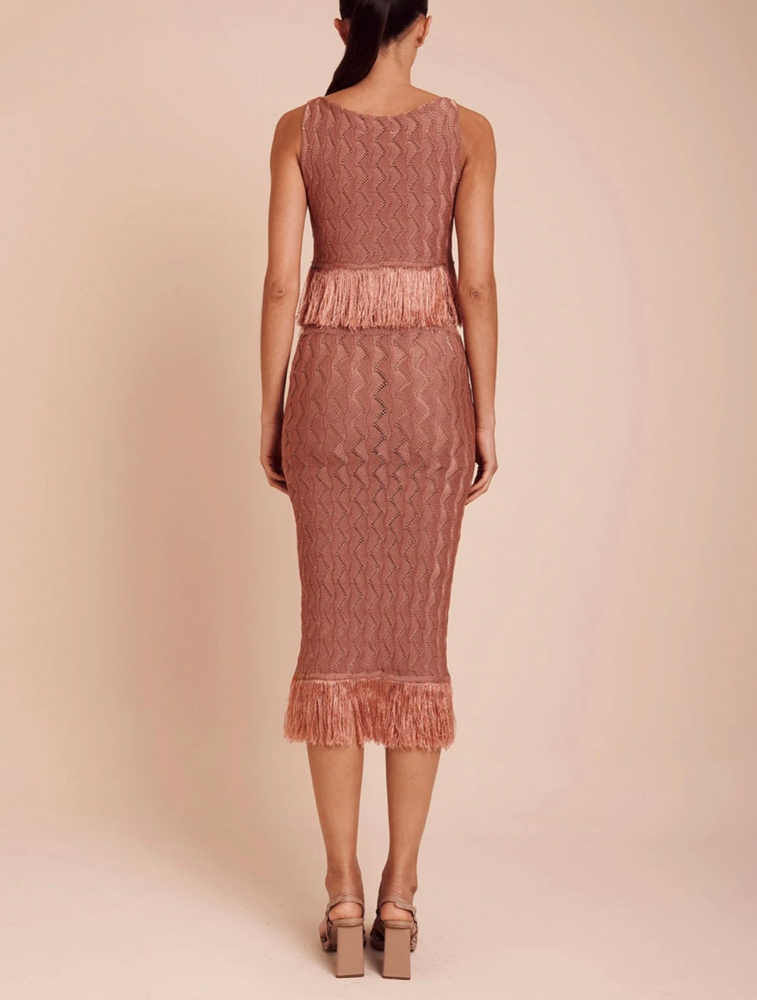 Rosewood Wavy Knit Fitted Midi Skirt with Fringe Hem