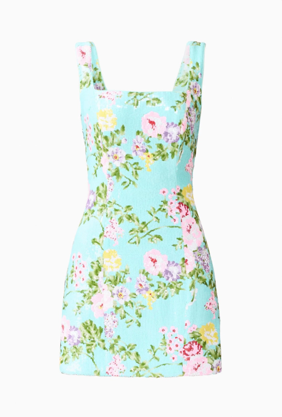 Mint Green Square-Neck Floral Sequin Mini Dress