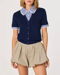 ‌Navy Gingham Collar Cardigan