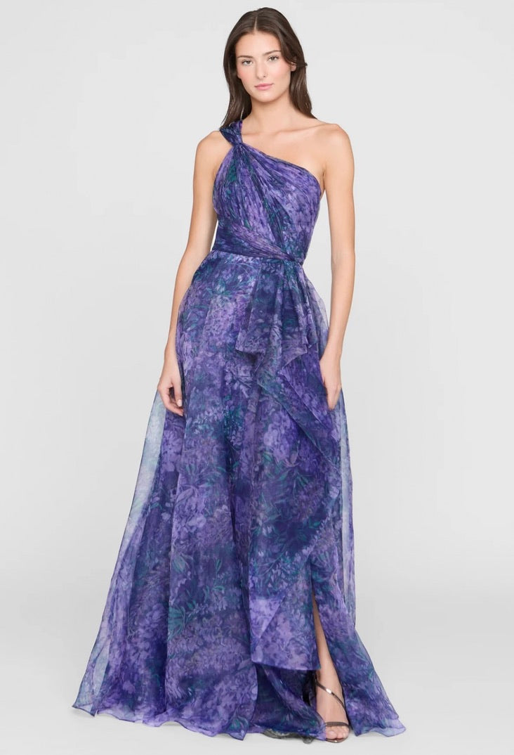 Defined-Waist Cascade-Layered Floor-Length Gown