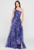 Defined-Waist Cascade-Layered Floor-Length Gown