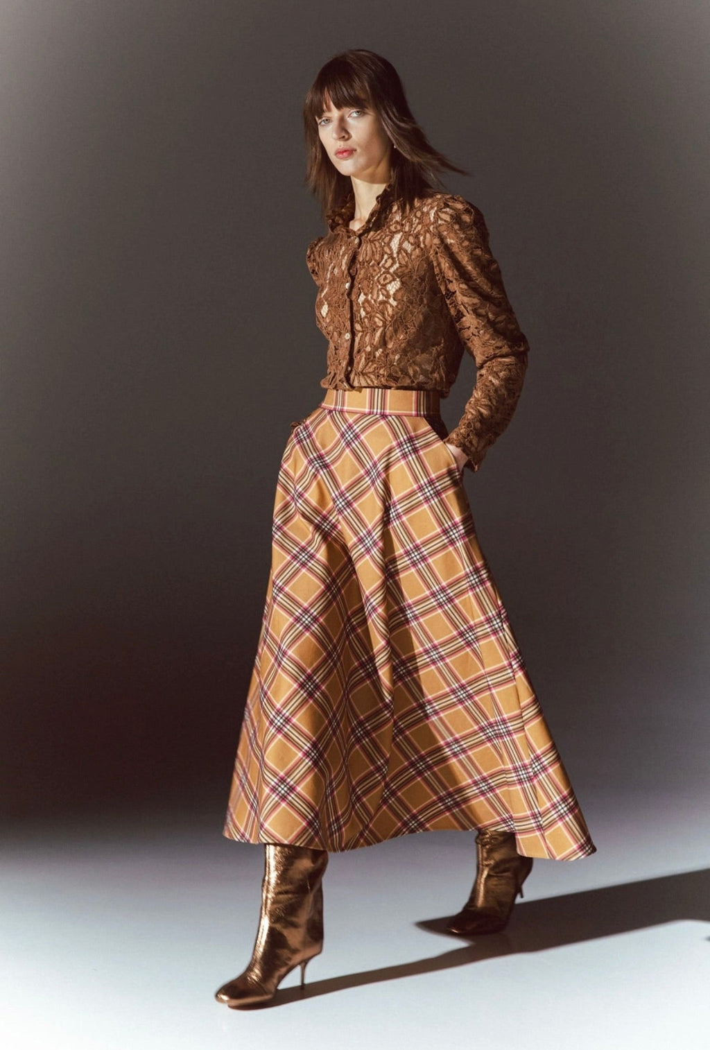High-Rise Camel Midi Checkered Skirt