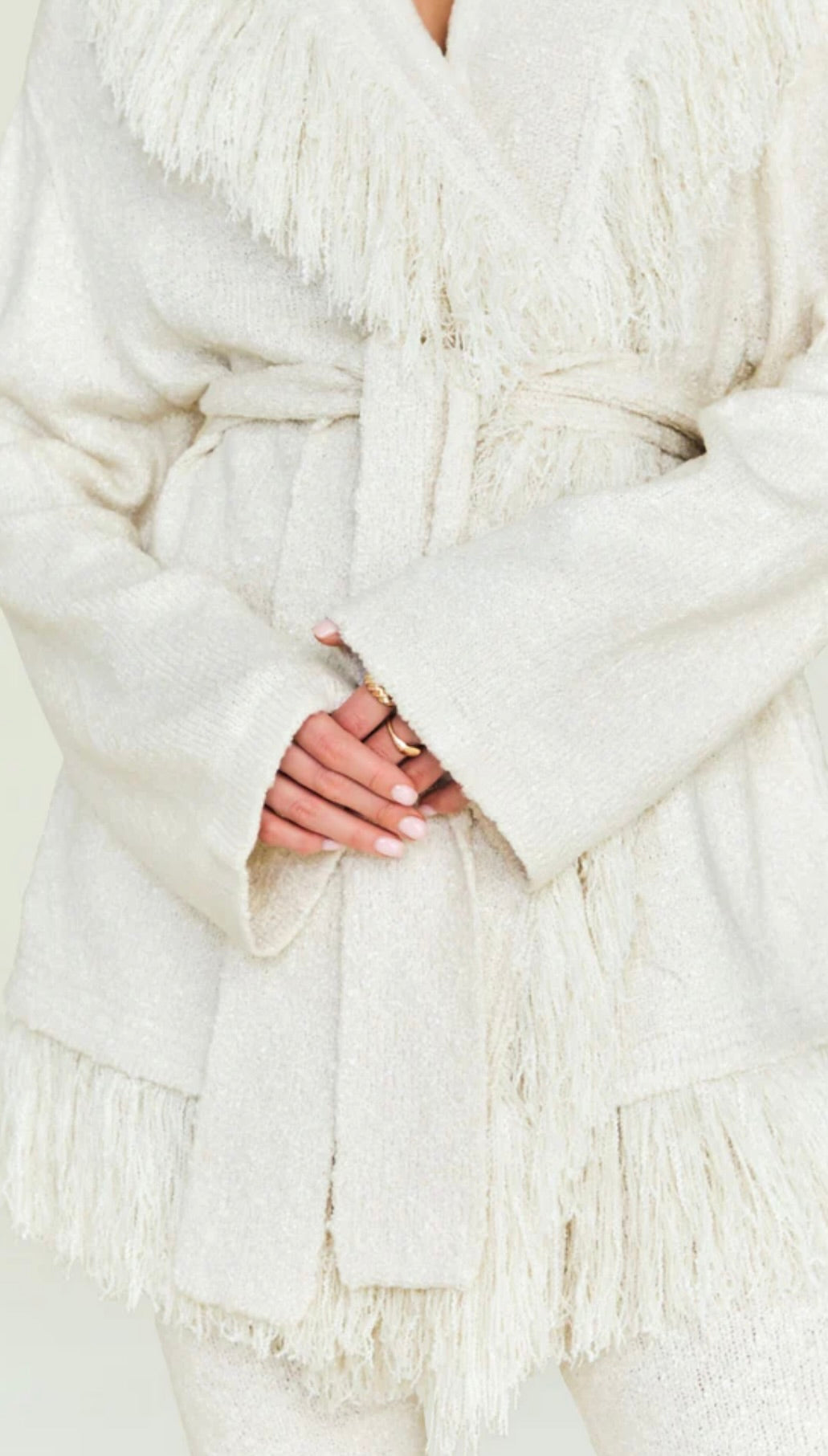 Eggshell Acrylic-Viscose Pullover with Fringe & Belt