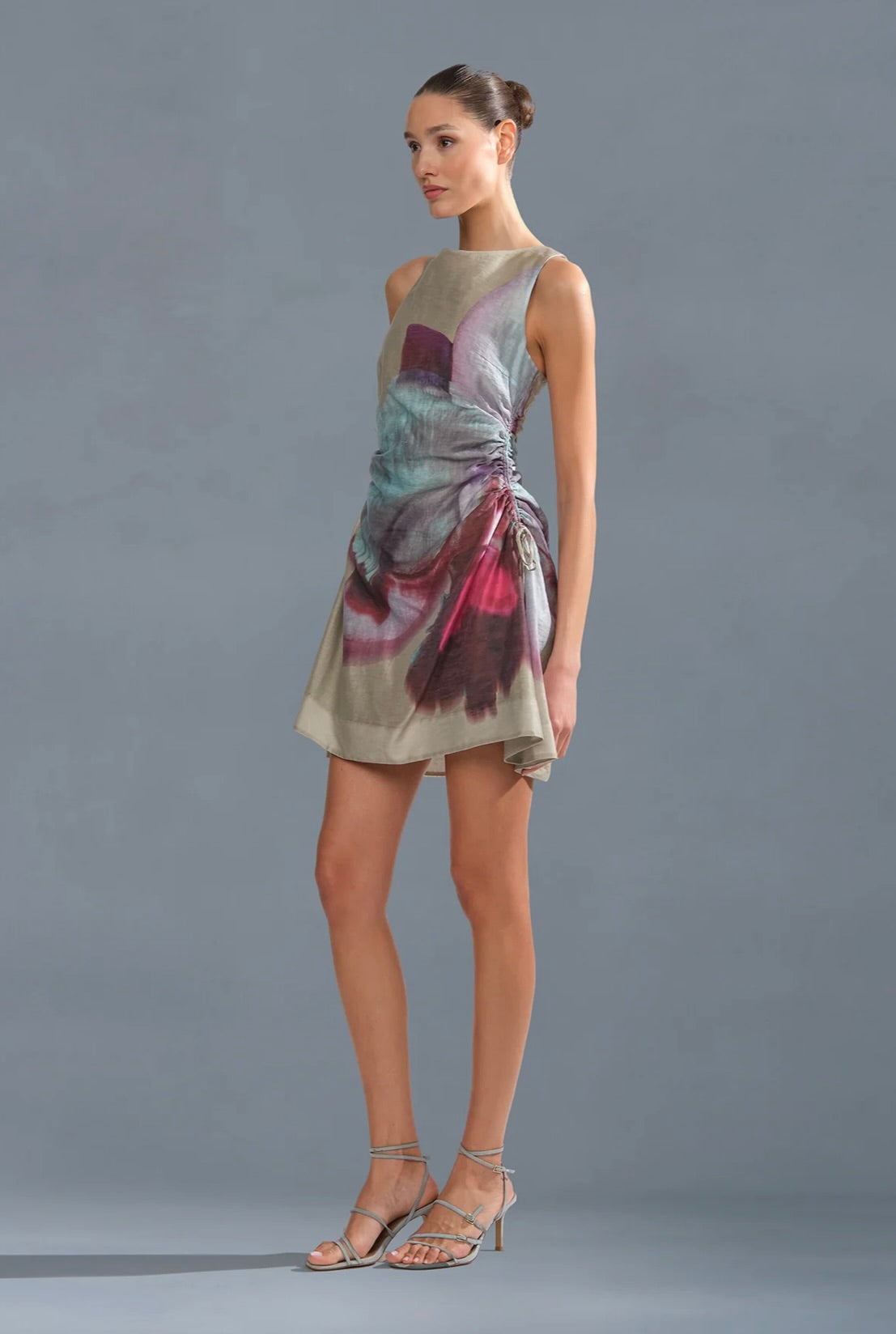 Sage Orchid Print Adjustable Drawstring Mini Dress