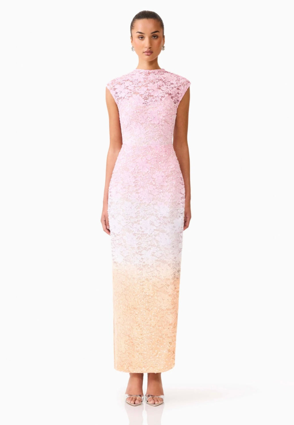 Pink Ombre Sequin Lace Floor-Length Gown