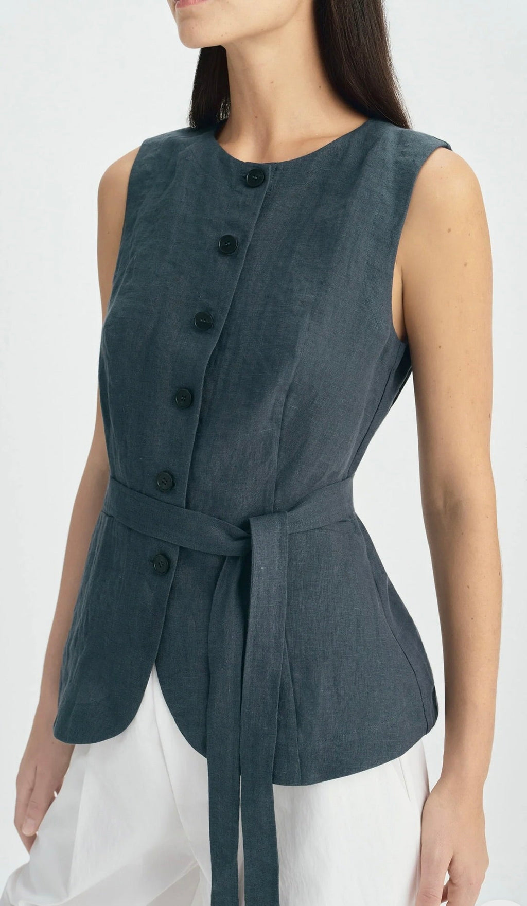 Slate Button-Front Tie-Waist Cotton Top