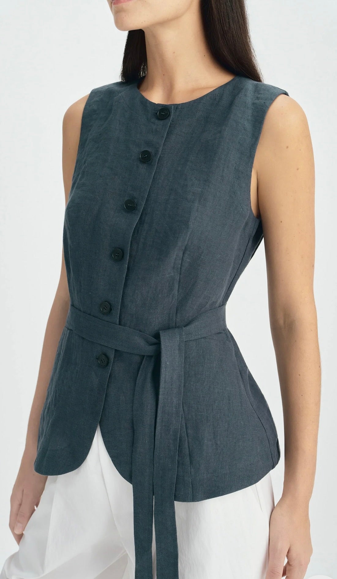 Slate Button-Front Tie-Waist Cotton Top