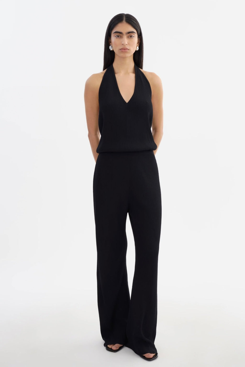 ‌Black Viscose Halter Jumpsuit
