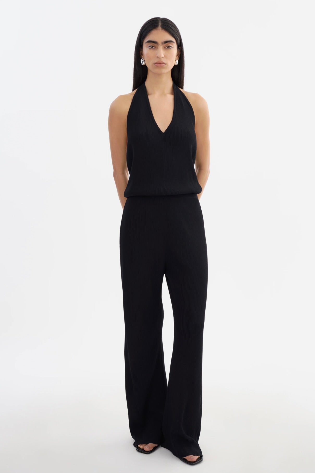 ‌Black Viscose Halter Jumpsuit