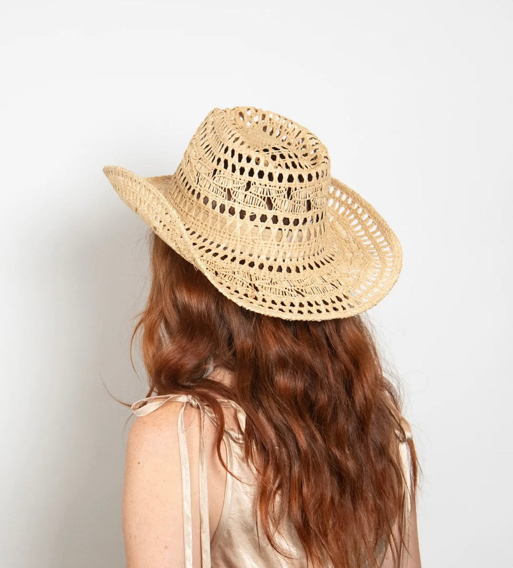 Natural Handwoven Raffia Straw Hat with Curved Brim & Pinched Crown