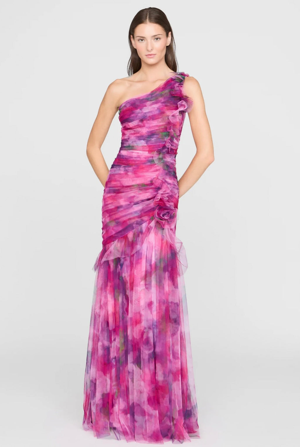 Luminous Bouquet One-Shoulder Ruched Tulle Gown