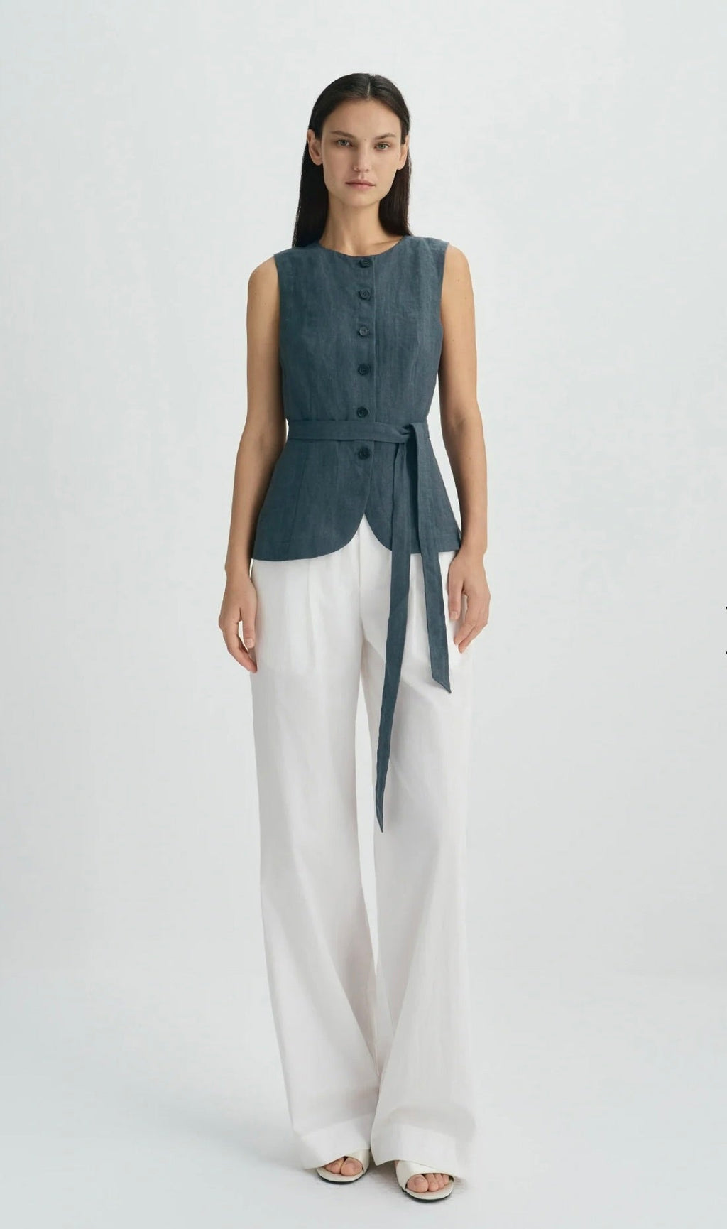 Slate Button-Front Tie-Waist Cotton Top
