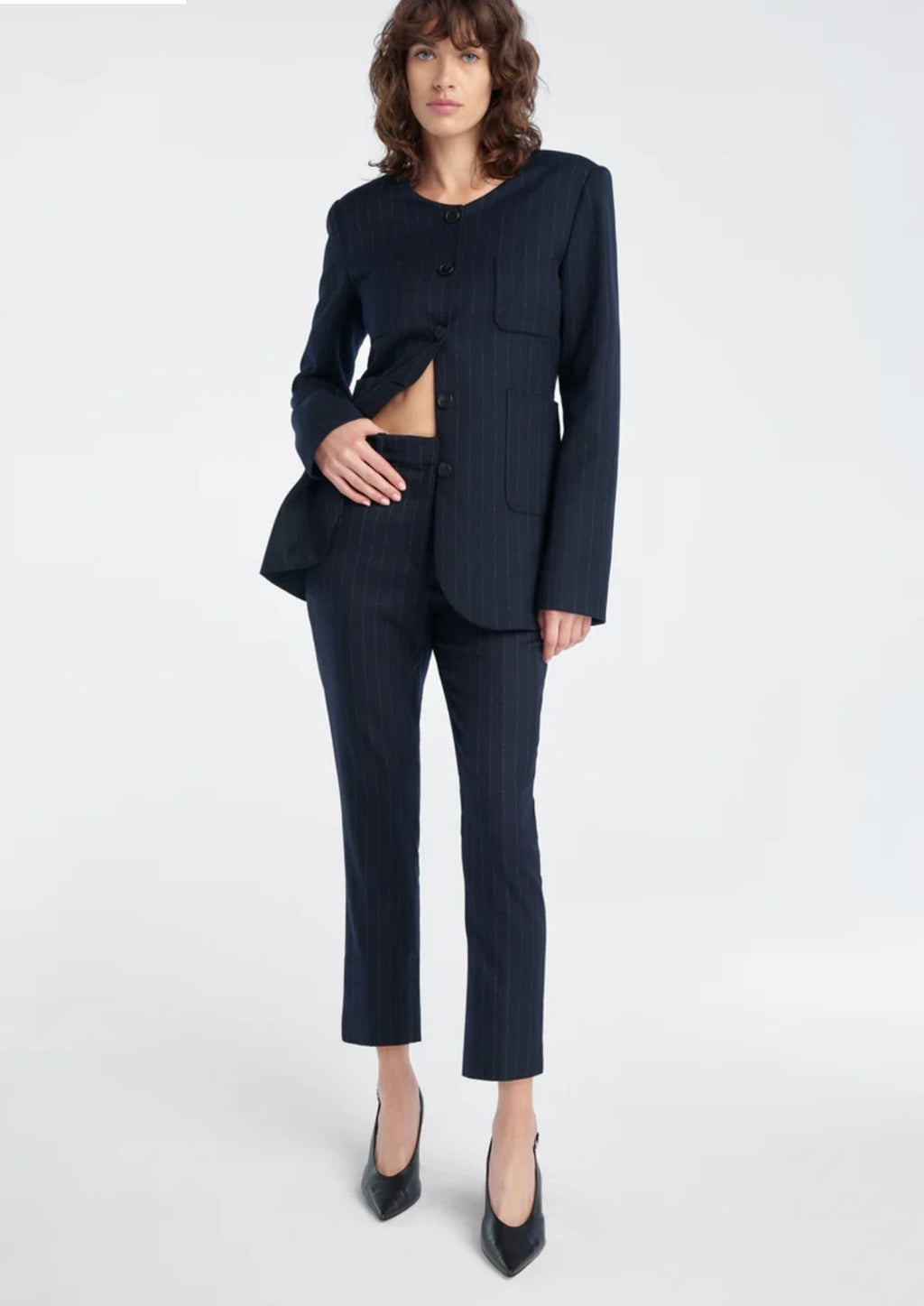 ‌Navy Pinstripe Sculpted Blazer