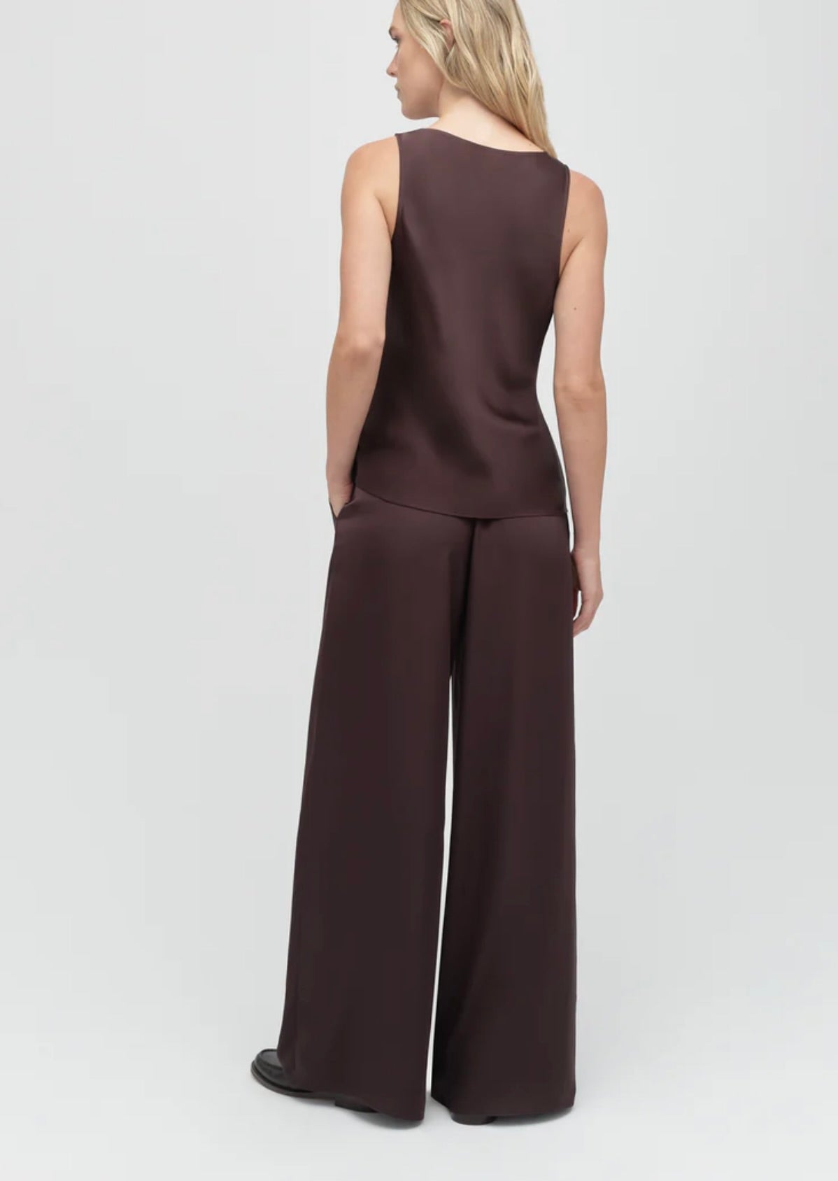Espresso Silky Satin Elastic Wide-Leg Trousers