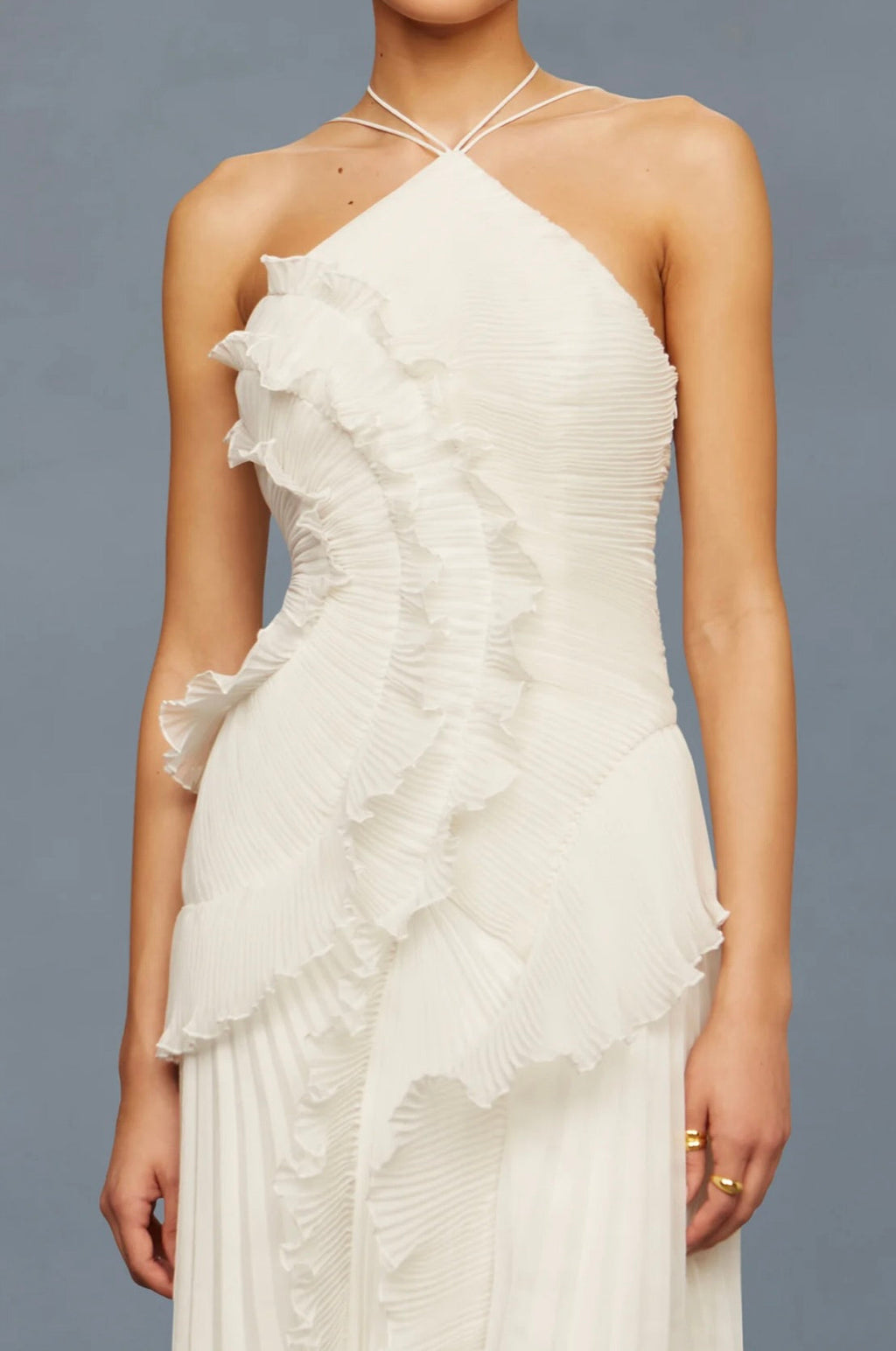 Ivory Lily Pad Pleated A-Line Halter Gown