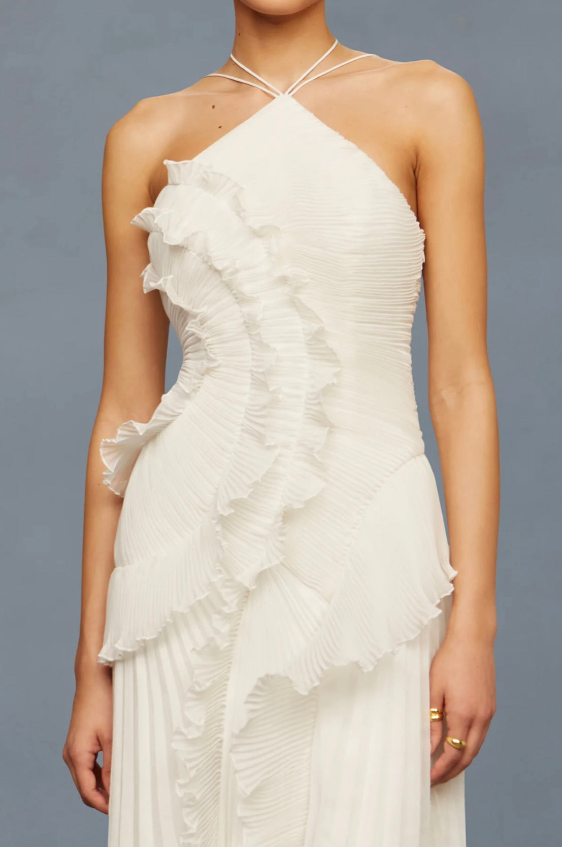 Ivory Lily Pad Pleated A-Line Halter Gown