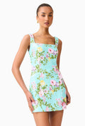 Mint Green Square-Neck Floral Sequin Mini Dress
