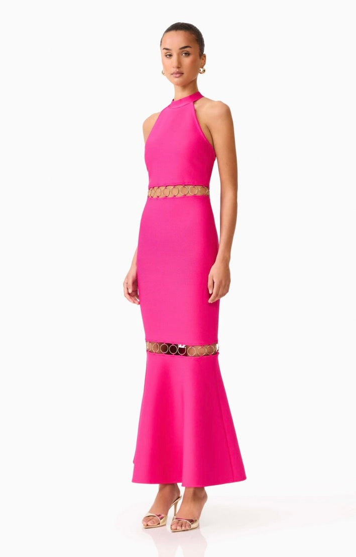 Raspberry Pink High-Stretch Halter Backless Gown