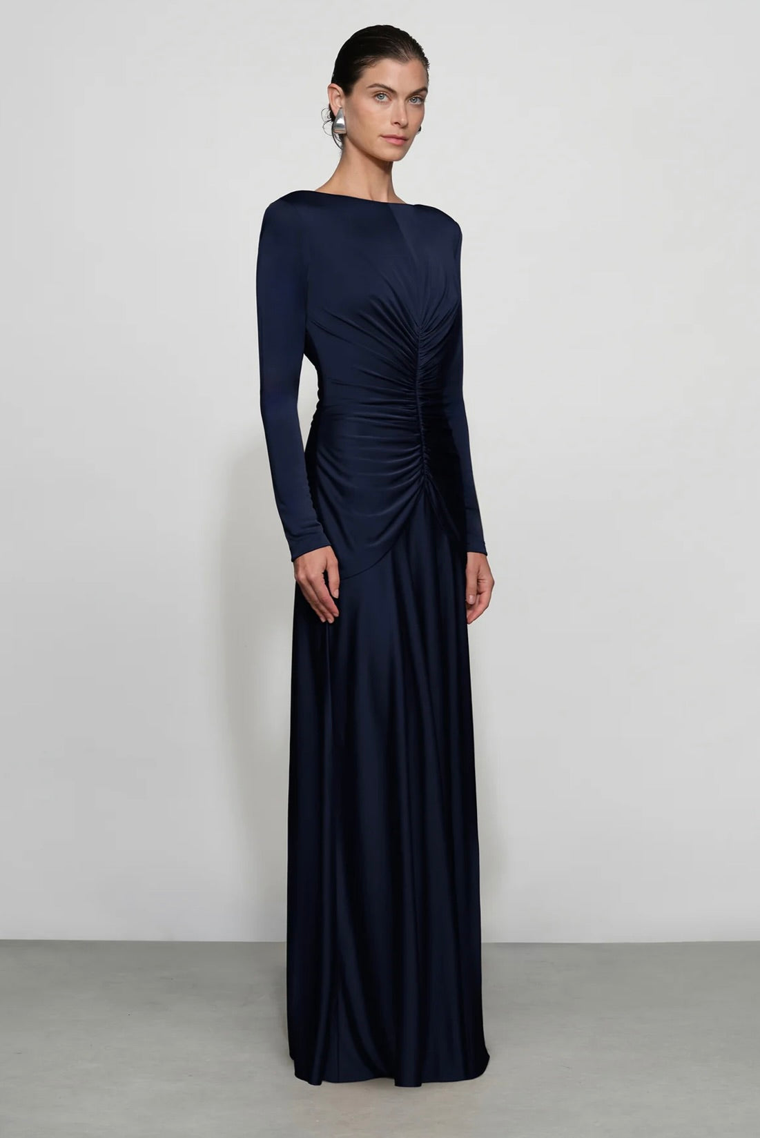 Long-Sleeve Central Ruched Evening Gown