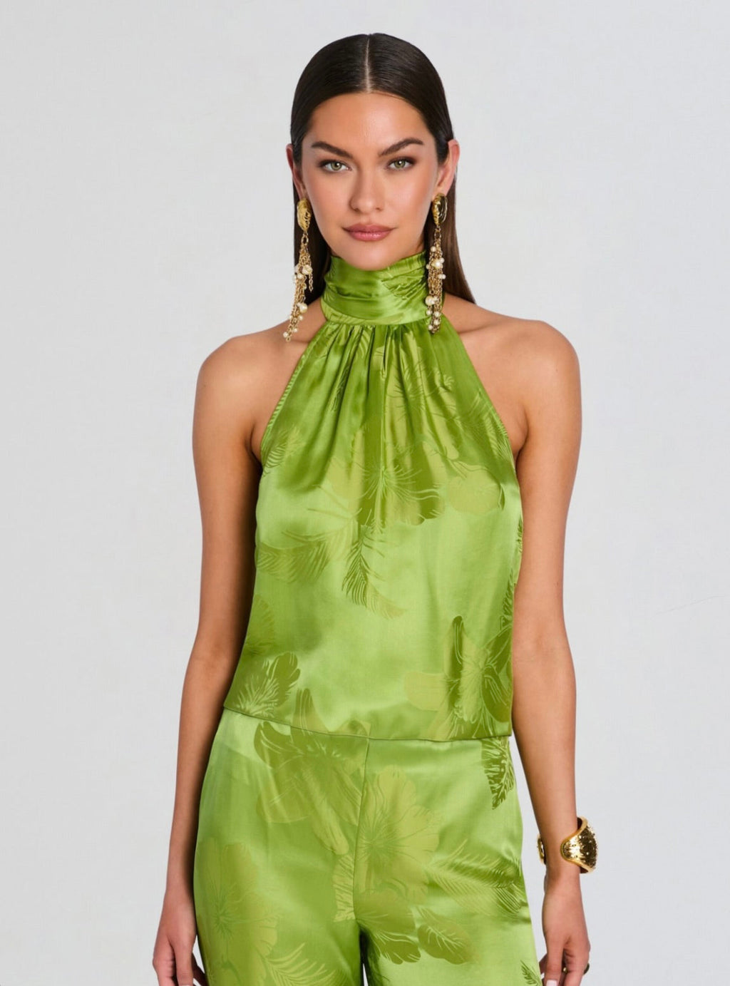 Kiwi Tropical Jacquard Halter Satin Top with Fringed Scarf
