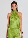 Kiwi Tropical Jacquard Halter Satin Top with Fringed Scarf