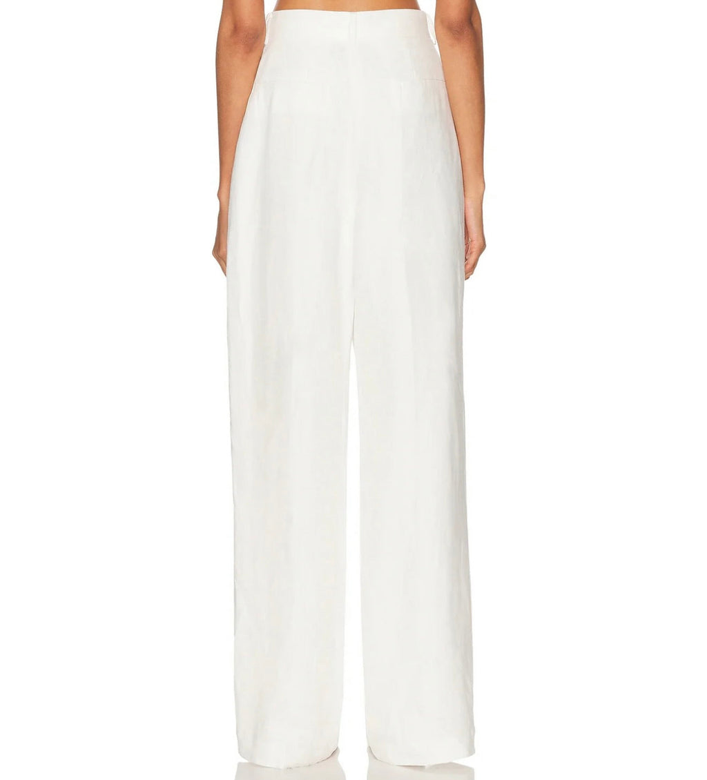 White High-Waist Front-Pleat Linen Trousers