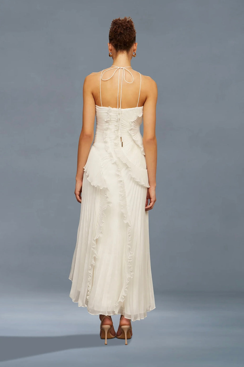 Ivory Lily Pad Pleated A-Line Halter Gown
