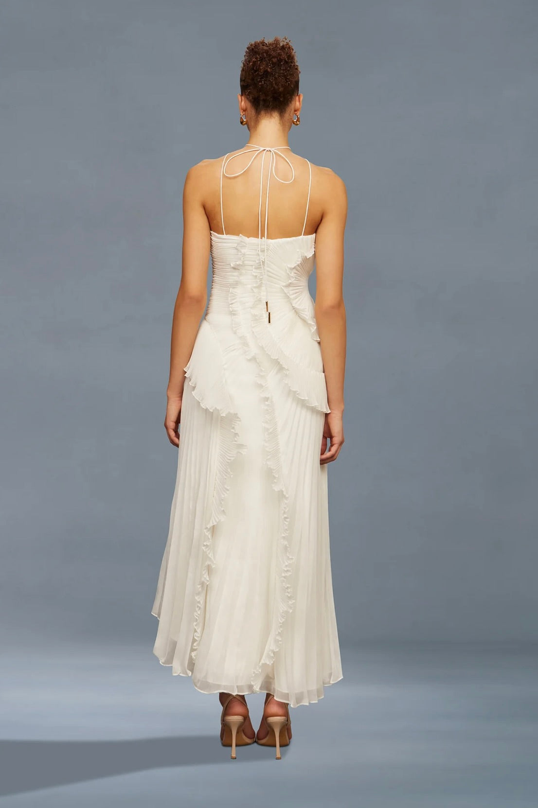 Ivory Lily Pad Pleated A-Line Halter Gown