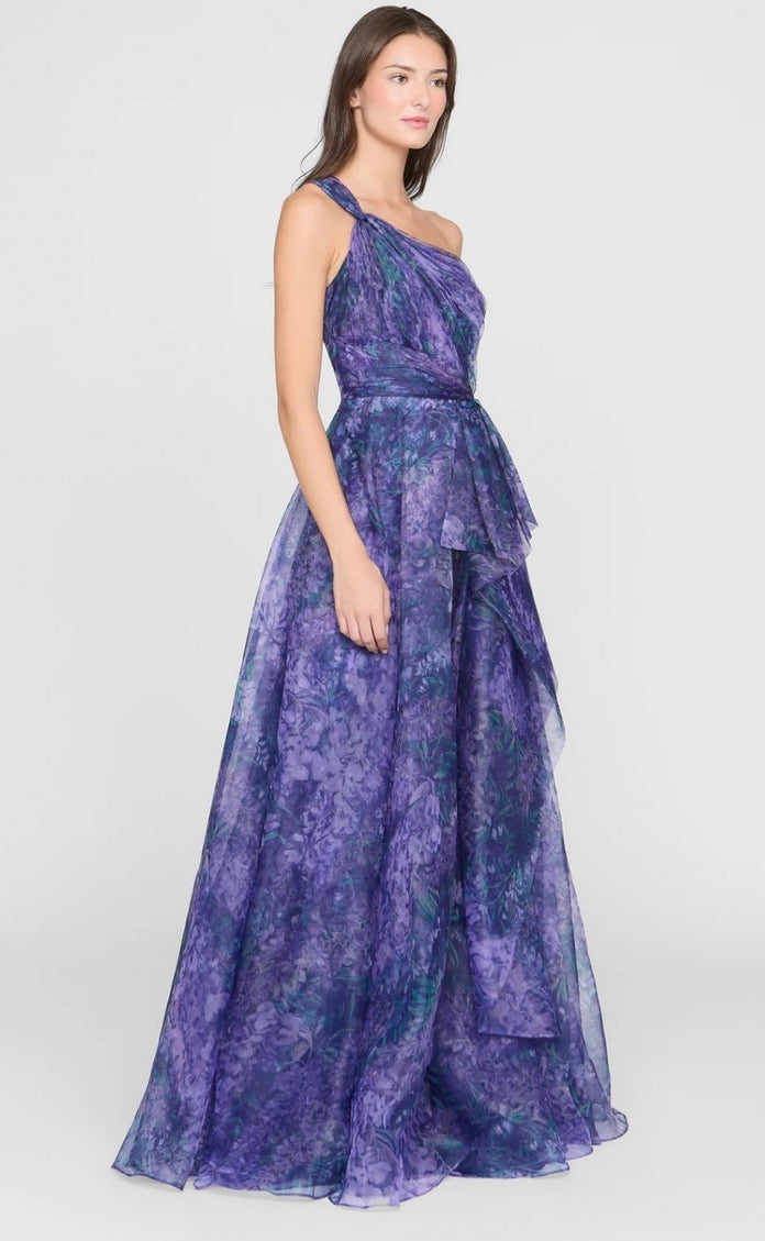 Defined-Waist Cascade-Layered Floor-Length Gown